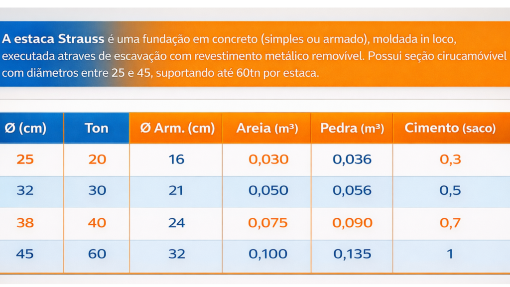 A estaca Strauss é uma fundação em concreto (simples ou armado), moldada in loco, executada através de escavação com revestimento metálico removível. Possui seção circular com diâmetros entre 25 e 45 cm, suportando até 60tn por estaca.